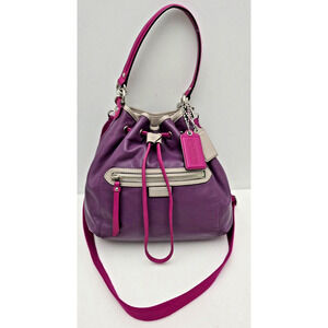 COACH DAISY SPECTATOR PURPLE DRAWSTRING Leather BAG Magenta Trim HOBO F25662 EUC